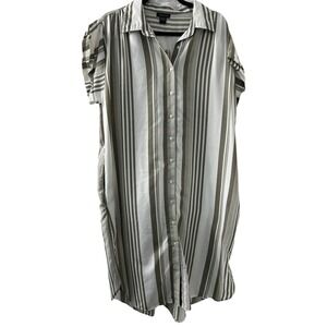 Style House Striped Shirt Dress 2X Olive White Pockets Coastal Minimalist Safari